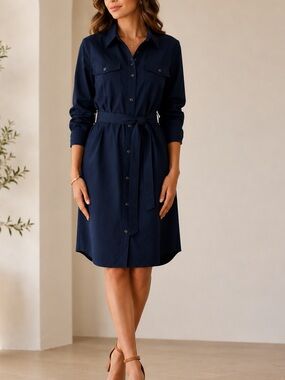 Elevee Navy Blue Long Sleeve Tie Waist Knee Length Shirt Dress Size M by Sandro
